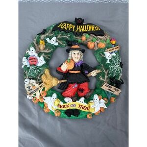 Jaimy Halloween Wreath‎ Resin Witch Ghosts Pumpkins Black Cats Owl Bat 12.5" Vtg